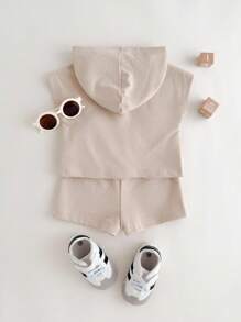 2件套男婴刺绣装饰柔软针织连帽无袖上衣和松紧腰短裤套装 - 杏色 - 查看 2