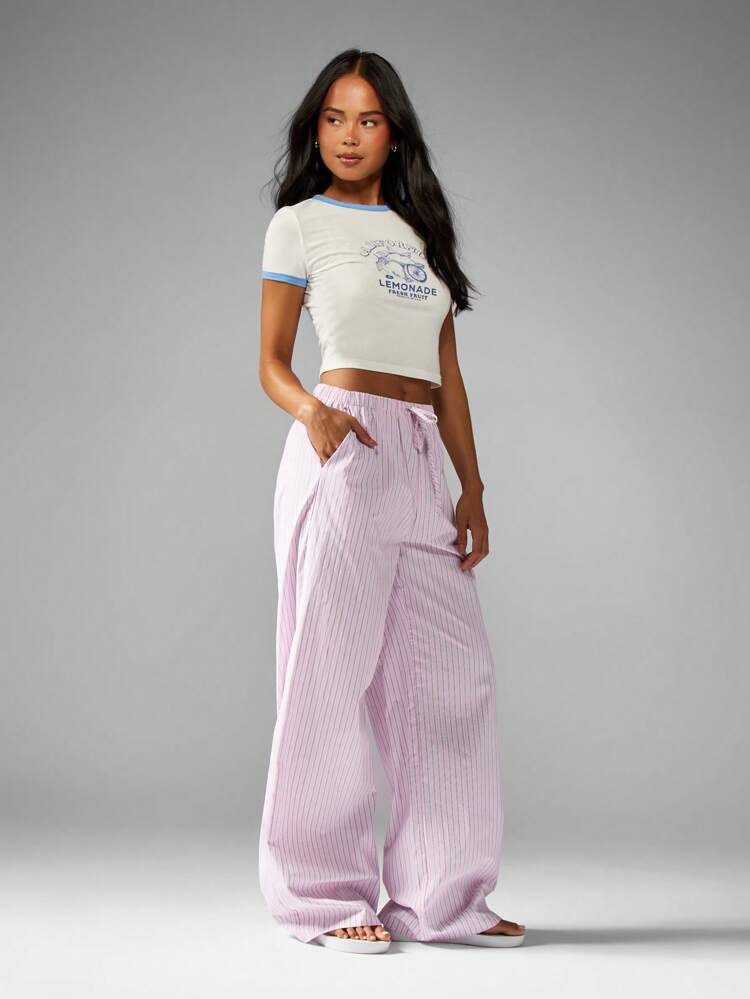 MISSGUIDED Wide Leg Summer Palazzo Pants Pinstripe Casual Drawstring Waist Lounge Beach Vacation Bottoms Flowing Resort Wear Travel Fashion Comfort Style
