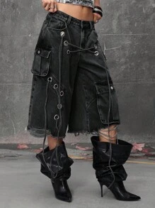 ROMWE Grunge Punk 街头朋克风做旧宽松超低腰女式牛仔七分裤 - 黑色 - 查看 5