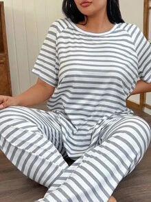Lazeform Plus Size Striped Print Raglan Sleeve Casual Loungewear Pajama Set, Outfits - Light Grey - View 5