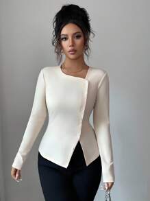 Elenzga Women's Asymmetric Collar Button Design Ruched Long Sleeve T-Shirt Fall Cloth For Women - Apricot - View 5