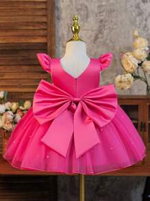 SHEIN Glamorique Kids 圣诞节/万圣节派对穿公主裙，适合女孩，白色缎面盖袖，荷叶边珍珠网眼裙，可拆卸缎面蝴蝶结后背，适合生日、婚礼、舞台表演、派对、正式场合 - 玫紅色 - 查看 2