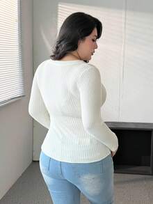 Flirla Suéter de manga larga con botones y media cartera de encaje en contraste para mujer de talla grande - Blanco - Ver 2