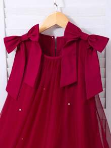 Vestido de Tule com Babados Florais e Decoração de Pérolas, Elegante para Meninas - Vinho - Visão 3