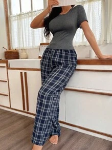 SHEIN Ensemble pyjama femme décontracté avec pantalon à carreaux, manches courtes, dos nu et dentelle contrastée - Gris foncé - Voir 6