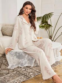 SHEIN Women's Floral Print Lapel Collar Vacation Style Long Sleeve Top & Pants Pajama Set, Summer Pajama Set, Fall Winter Clothes Cozy And Elegant Details