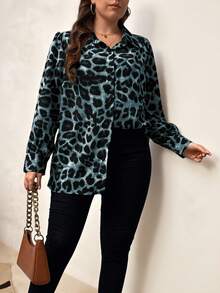 Chikora Plus Size Women Casual Leopard Print Button Down Long Sleeve Shirt Plus Size Leopard Print Shirt - Teal Blue - View 6