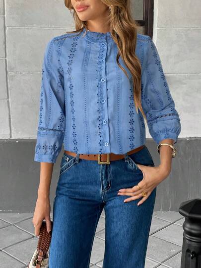 Pariaura Camisa de mujer de algodón francés con bordado hueco y botones, conjunto informal de ropa de primavera para la universidad