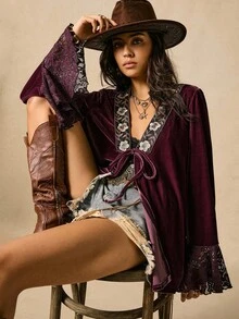Easelle Vintage Nomadic V-Neck Tie-Up Rose Lace Patchwork Flare Sleeve Loose Women Thin Jacket Western Boho Bohemian Clothes For Women Women Western Wear Free People Witchy Clothes Boho Women S Western Wear Velvet Kimono Jacket Fall Clothes Women Lace Boho Top Velvet Boho Top Bohemian Tops For Women Boho Tops For Women Boho Blouses For Women, - Multicolor - View 2