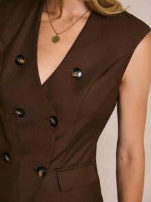 Poéselle 女式纯色双排扣休闲西装背心 - 棕色 - 查看 4