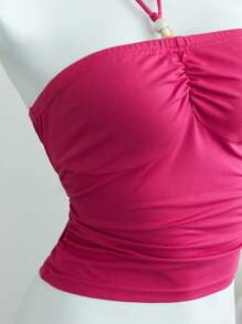 Elamini Women's Casual Vacation Beaded Halter Neck Tie Back Tank Top. Y2K Style. Beaded Style. - Hot Pink - View 3