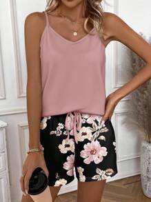 EMERY ROSE 女士休闲优雅宽松细肩带背心和宽松短裤套装，适合夏季，花卉印花，复古花卉印花女式夏季服装花卉短裤套装女式 - 彩色 - 查看 3