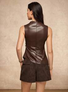 House of One Old Money Mock Neck Ruched Sleeveless PU Asymmetric Top, Women Casual Old Money Fall Autumn Brown Leather Top, Dark Brown Top, Chocolate Brown Top, Faux Leather Top Fall Outfits Business Professional Women Business Casual Woman - Brown - View 2