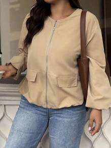 SHEIN LUNE Áo khoác trơn màu thường ngày cỡ lớn - Màu Khaki - Xem 6