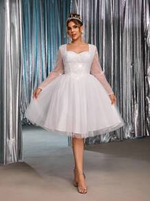 SHEIN Belle Plus Size Summer And Autumn Elegant Romantic Gorgeous White Sequins Embroidery Splicing Mesh Sweetheart Neck See-Through Long Sleeves Splicing Puffy Skirt Suitable For Dinner Bachelorette Party Dating Dance Vacation Graduation Season Homecoming Season Birthday Wedding Event Bride Gift Dress Guest Dress All White Party Outfit Women