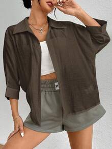 SHEIN PETITE Brown Blouse Loose Shirt - Brown - View 3