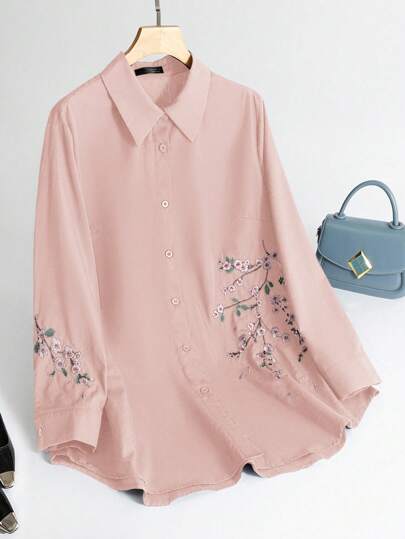 Modelyn 女士休闲花卉刺绣长袖衬衫