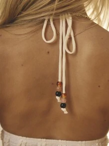 SHEIN Aralina-E 夏季度假露背纹理白色可爱上衣 - 米色 - 查看 4