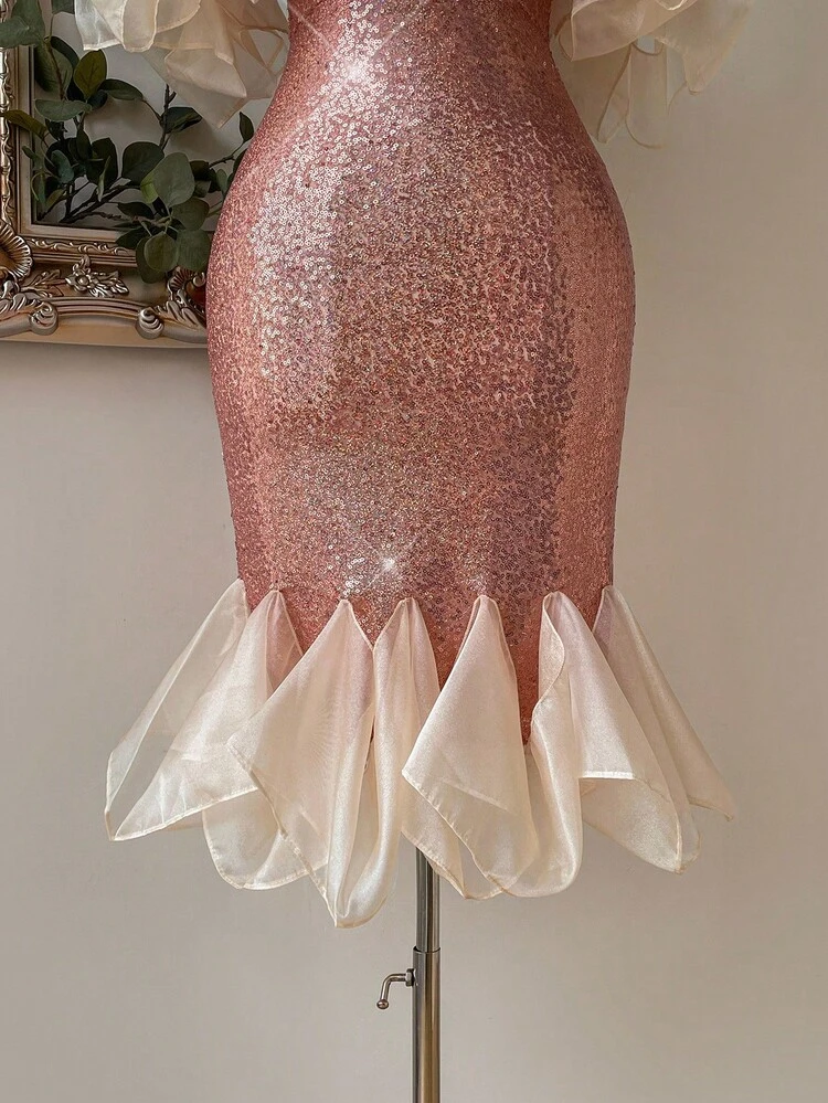 Elegant Champagne Fine Sequin Fabric Shiny Silk And Organza Splicing Sequined Fishtail Hem Off Shoulder Asymmetrical Puff Sleeves AndFishtail Bodycon Dress With Asymmetrical Bubble Rhombus Shape Suitable For Gorgeous And Elegant Back-To-School Party Receptions Wedding Seasons Mother's Day Music Festival Graduation Season Showers Easter Holiday Party Occasions Women's Coded Cocktail Dresses