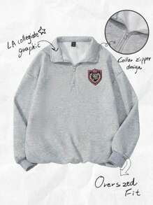 SHEIN Attitoon Sudadera con capucha de forro polar de cuello alto con media cremallera, ajuste holgado, con bordado de escudo minimalista casual, adecuada para otoño/invierno, vuelta al colegio, estilo universitario, uniforme escolar - Gris - Ver 9