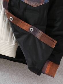 1pc Boys' Loose Fit Padded Plaid Patchwork Casual College Style Padded Coat, Autumn/Winter Fall - Black - View 6