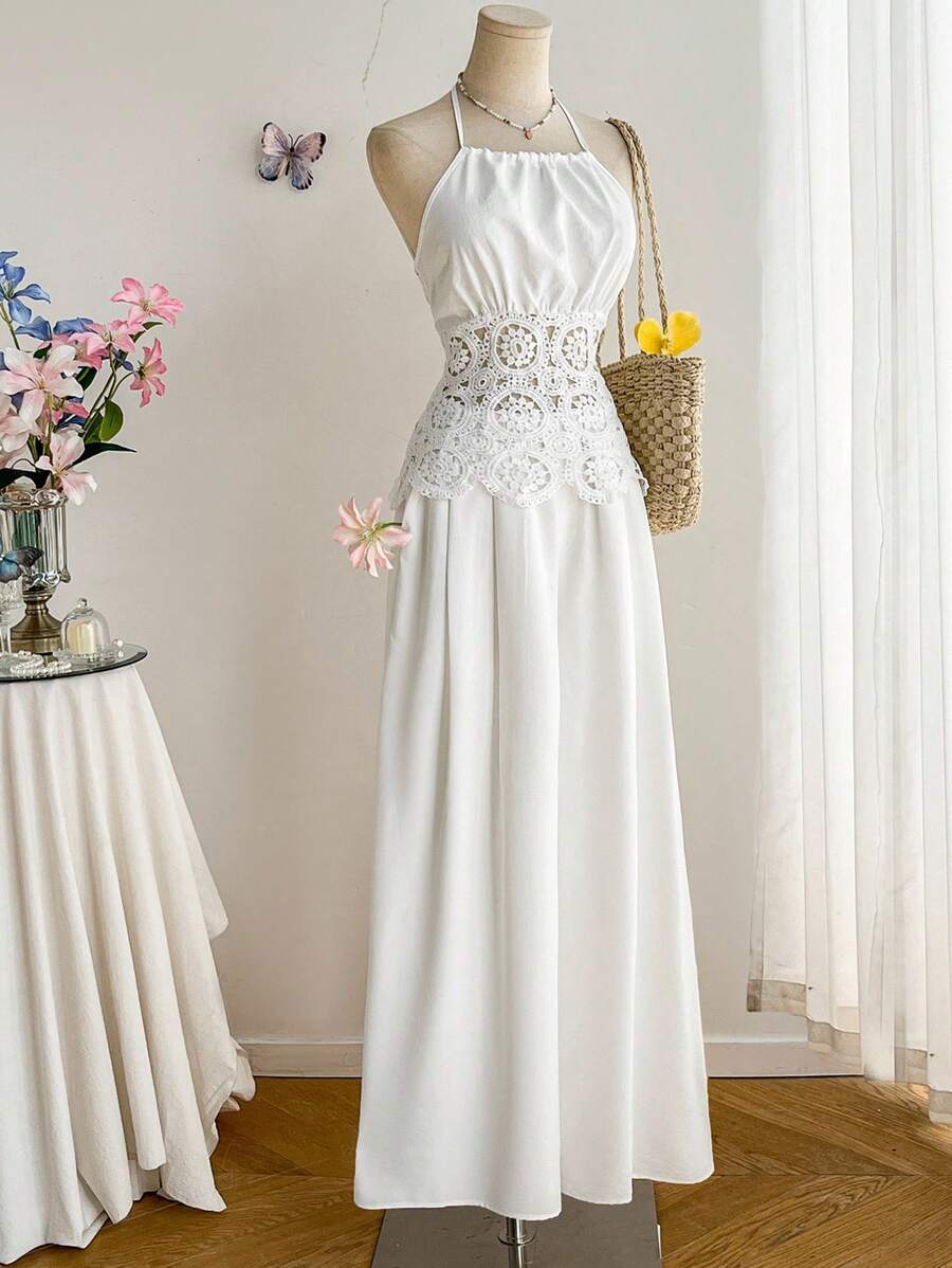 Chiquease Women's 2pcs Set, Hollow Embroidered Patchwork, Bubble Fabric, Solid Color, Fitted, Spaghetti Strap, Sleeveless, Chest Pleated, Open Back, Bowknot Back, Drawstring Waist, Real Pockets, Pleated, Hand-Threaded, Holiday, Festival, Elegant, Casual, Minimalist, Commute, Bohemian Holiday Style, Romantic, Sexy, Luxurious, Women's Spring/Summer Camisole, Women's Spring/Summer Pants, Women's Spring/Summer 2pcs Set All White Clothes For University - White - View 1
