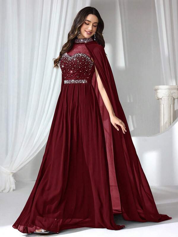 Coutiva Women's Rhinestone & Faux Pearl Embellished Formal Evening Gown (Heavily Embellished) Burgundy Formal Dress Maroon Formal Dress Dress With Cape Dark Red Dress Cape Dress