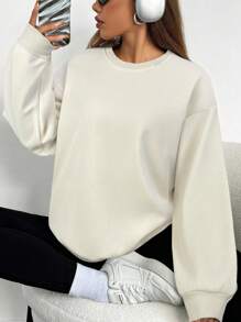 SHEIN EZwear Áo nỉ dệt kim màu mơ giản dị có vai trễ và chi tiết dệt kim sườn cho phong cách hàng ngày Áo chui đầu dành cho nữ Áo nỉ màu kem vào mùa thu/đông - Màu be - Xem 3