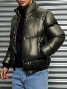 EURMUSE Men's Basic Casual Style Special Stitching Design Slim Fit Padded Coat - Army Green - View 4