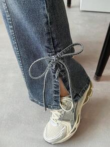 FRIFUL 女式休闲喇叭牛仔裤，带口袋和系带下摆设计 - 藍色 - 查看 4