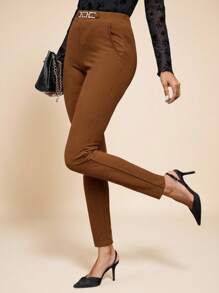 Amorya Women's High Waist Metallic Buckle Detail Skinny Pants Valentine's Day Vacation Outfits Woman Summer Outfits For Women Going Out Tops Women,Business Casual Woman,Summer,Cute Shirts,Office - Brown - View 1