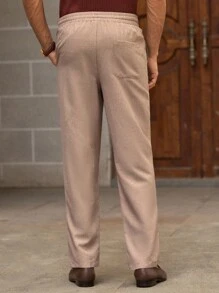 Manfinity VCAY 男士亚麻混纺休闲裤，褶皱设计，简约舒适，夏季男士亚麻裤，男士米色裤子，男士抽绳裤，男士亚麻长裤，男士休闲亚麻裤，秋季 - 棕色 - 查看 4