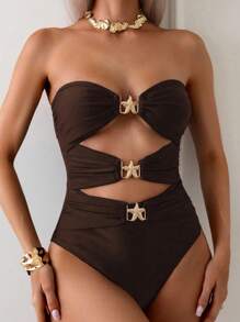 Swim Chiccia Baju Renang Wanita Model One Piece Kasual dengan Tali Bahu dan Lubang-lubang, Warna Polos Sederhana, Cocok untuk Liburan Pantai Musim Panas - Coklat - View 4