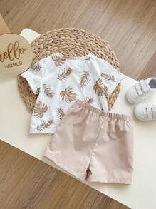 2 件套男婴/女婴夏季海滩度假可爱图案印花短袖 T 恤和纯色松紧腰短裤套装