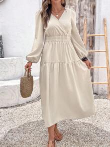 EMERY ROSE Rochie lungă casual de damă, cu mâneci bufante și decolteu în V, de culoare caisă - Caisă - Vizualizare 9