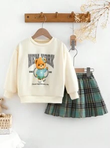 2pcs Young Girls Bear Print Long Sleeve Sweatshirt & Plaid Cute Skirt Set,Autumn Back-To-School Career Day Girls 2 Pieces Outfit - Multicolor - View 3
