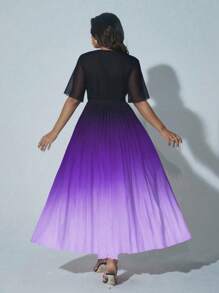 Viva Relle 大码女式优雅浪漫夏日度假连衣裙，V 领裹领雪纺荷叶边袖短袖，腰带，渐变色，褶皱，飘逸长裙 - 紫色 - 查看 4