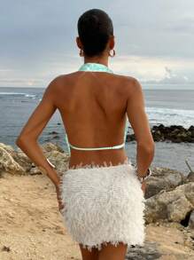 Opulessa 女士绿色露背吊带上衣，不对称下摆，饰有圆环亮片，薄荷绿围巾式上衣，美人鱼式上衣，适合秋季派对和冬季穿着。 - 綠色 - 查看 2