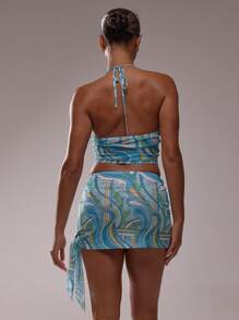 MUSERA Áo cổ yếm có đệm ngực, vạt áo bất đối xứng, chất liệu lưới in họa tiết, ôm sát, thích hợp cho kỳ nghỉ ở Ibiza, phong cách thanh lịch Ibiza, dễ thương, thích hợp cho lễ hội bãi biển, tiệc tùng, phong cách Boho, đồ đi biển, trang phục nghỉ mát, thanh lịch, mùa xuân hè. - Màu xanh lam - Xem 2