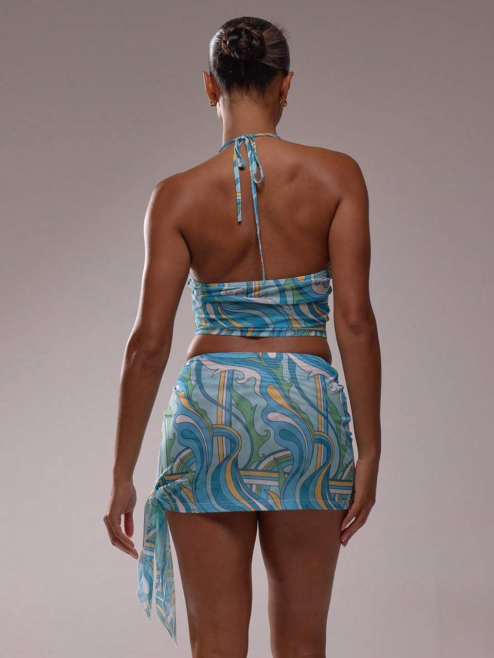 Top halter con copas forradas, bajo asimétrico, de malla con estampado, ajustado, solo parte superior para vacaciones en Ibiza, elegante, lindo, para playa, festival, rave, estilo bohemio, ropa de vacaciones, elegante, primavera-verano