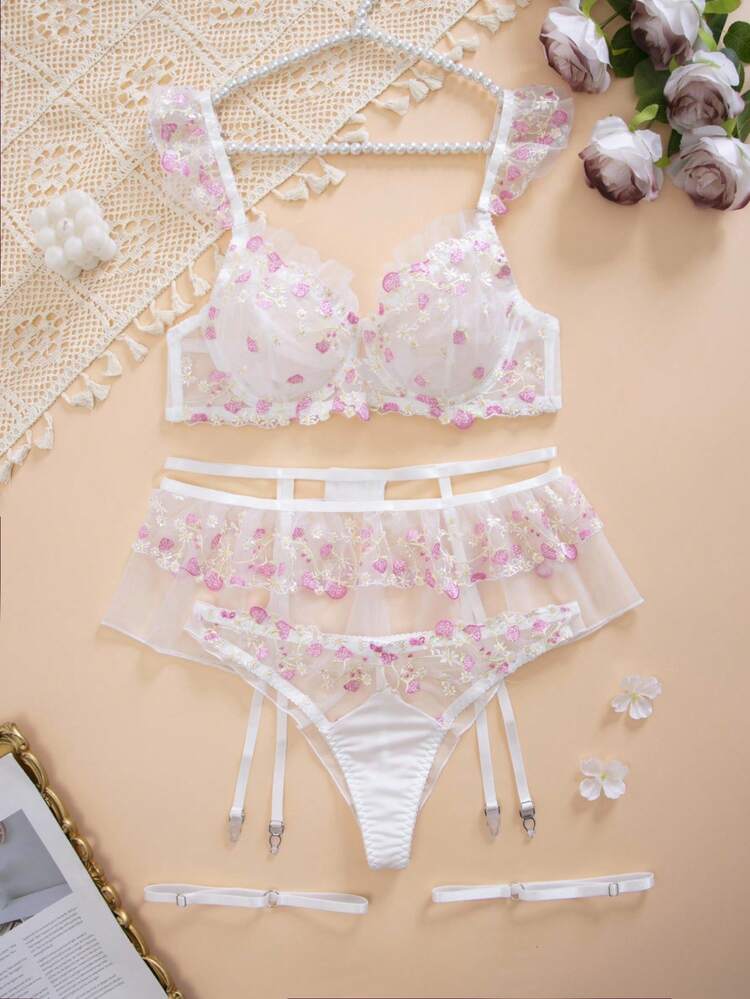SHEIN 5 件套女士浪漫田园系列透明网眼刺绣钢圈性感花卉内衣套装，卡哇伊内衣生日内衣，外出 - 白色 - 查看 8