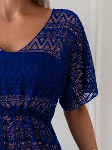 SHEIN Swim Women's Solid Color Hollow Out Sheer Beach Cover Up For Summer Beach Vacation - Royal Blue - View 4