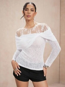 SHEIN Unity Lace Panel Knitted Sweater, Gentle Lady Style - White - View 8
