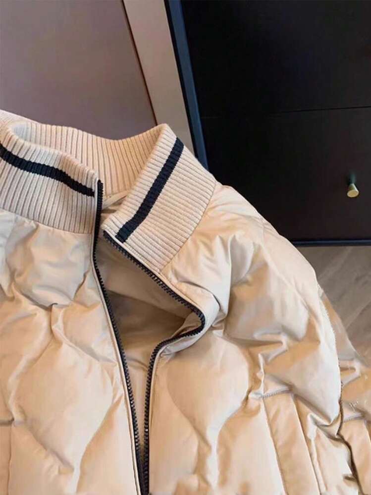 Franclia European And American Fashion Contrast Color Woolen Striped Stitching Knitted Gourd Check Cotton Coat Autumn And Winter Clothes For Women Pockets Women's Winter Clothes For Going Out Women's Winter Jacket Women's Halloween Costume New Year Costume - Khaki - View 3