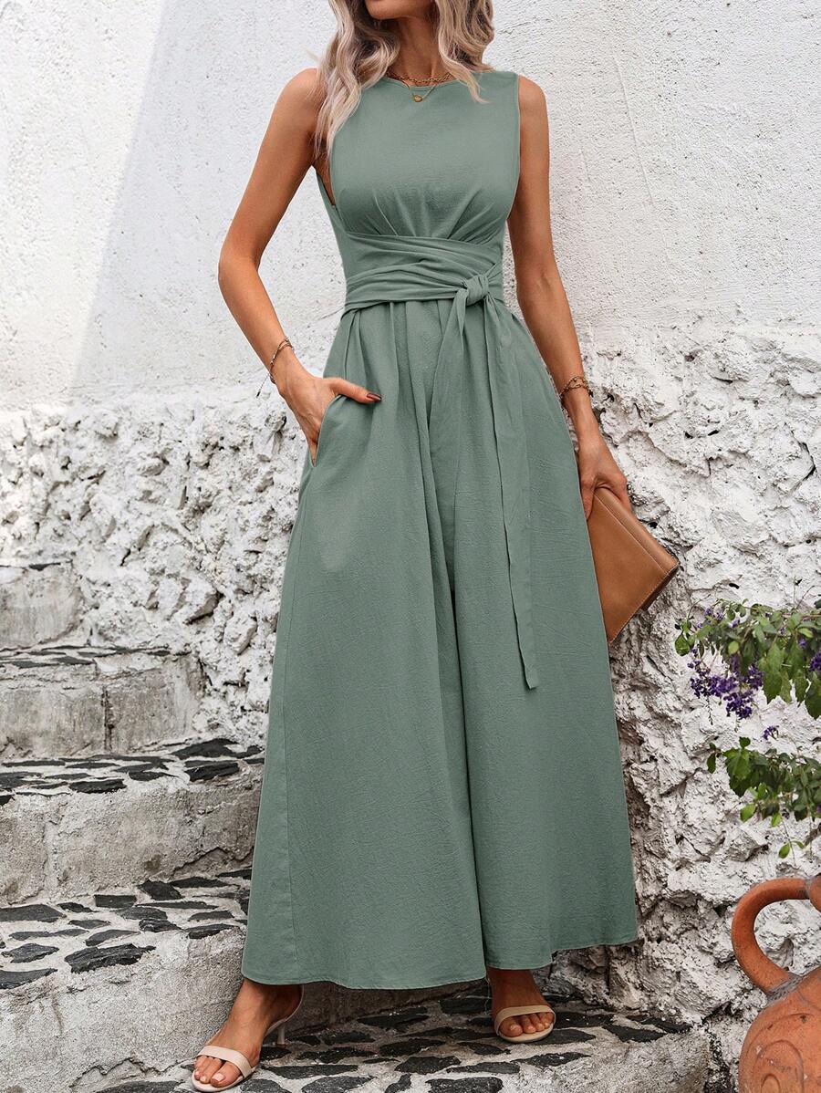 SHEIN Clasi Summer Casual Solid Color Cinched Waist Sleeveless Dress
