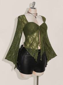 SHEIN ICON 加大码蕾丝喇叭袖前系带性感方领衬衫 - 軍綠色 - 查看 4