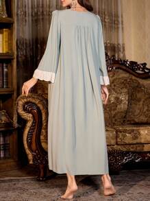 SHEIN Floral Embroidery Patchwork V-Neck Ruffle Trim Long Sleeve Maternity Nightgown, For Fall, Winter