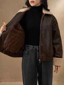 DAZY Áo khoác da mùa đông cho nữ có cổ màu tương phản thường ngày bằng da PU - Cà phê nâu - Xem 3