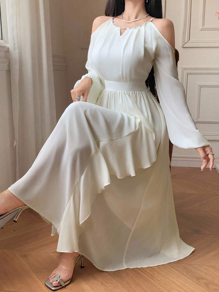 Women's Solid Color Round Neck Ruffle Open Shoulder Mid-Length Dress, Spring/Summer,Fall Women Clothes Long Sleeve Dress Sundress