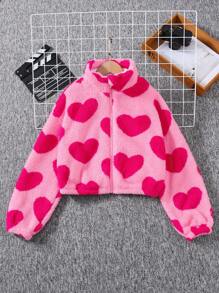 SHEIN Tween Girls' Loose Casual Fuzzy Heart Zipper Warm Jacket,In Fall/Winter